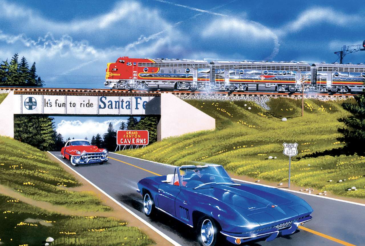 Klassische alte Autos und ein Zug der neuen Generation Puzzlespiel online