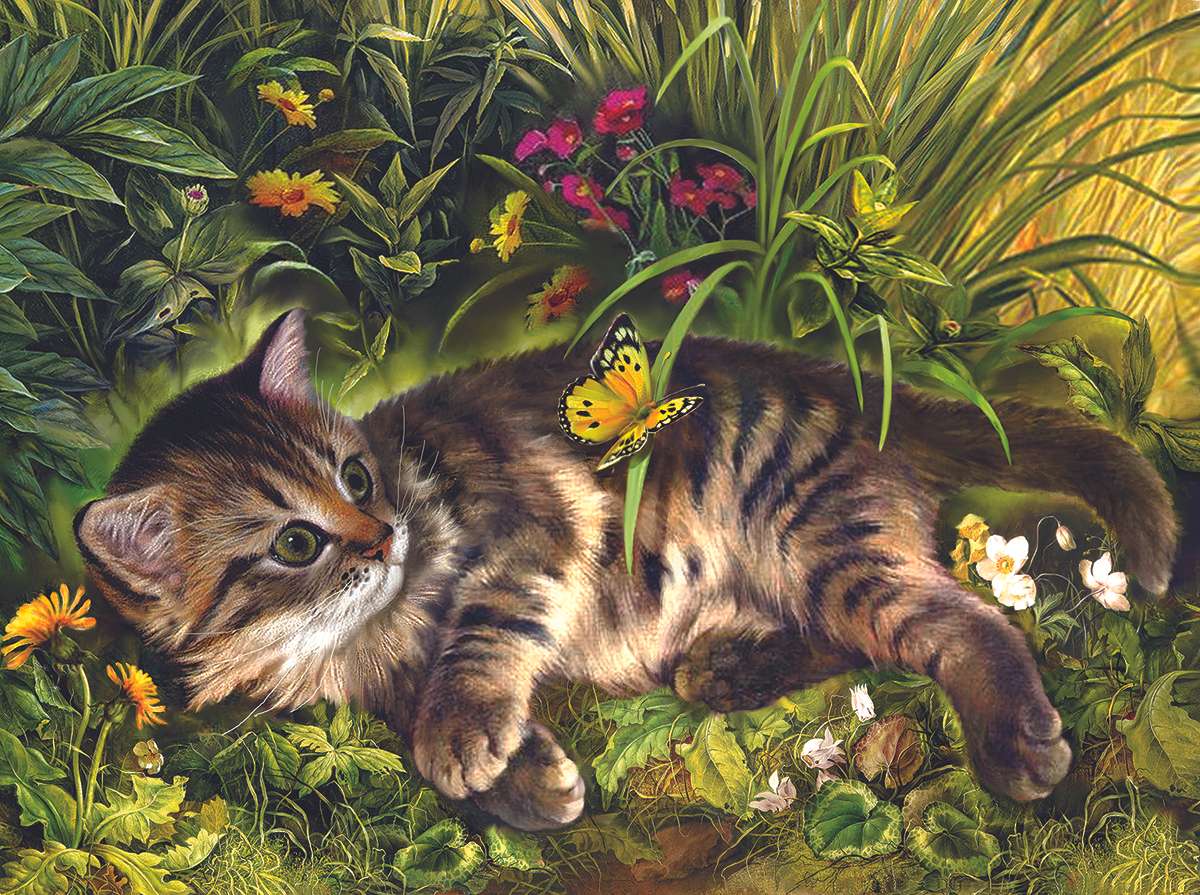 Dolce gattino pigro che ama i fiori puzzle online