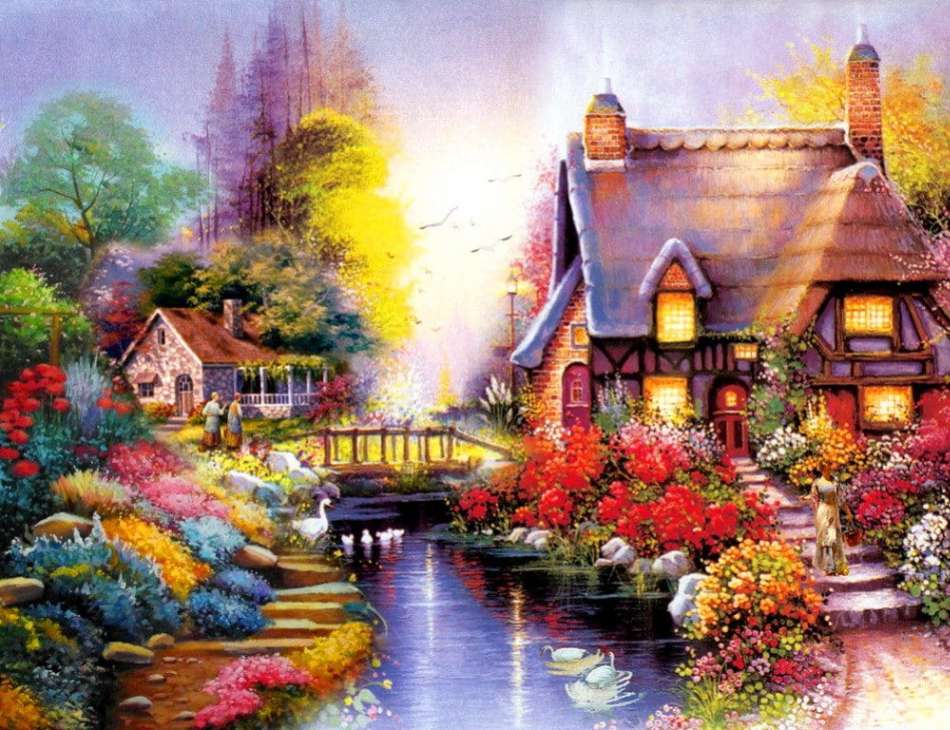 Мирная деревня, полная цветов у ручья пазл онлайн