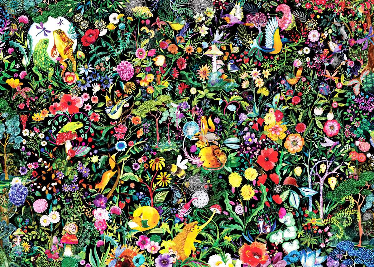 A colorful hodgepodge of flowers, animals, birds, amphibians online puzzle