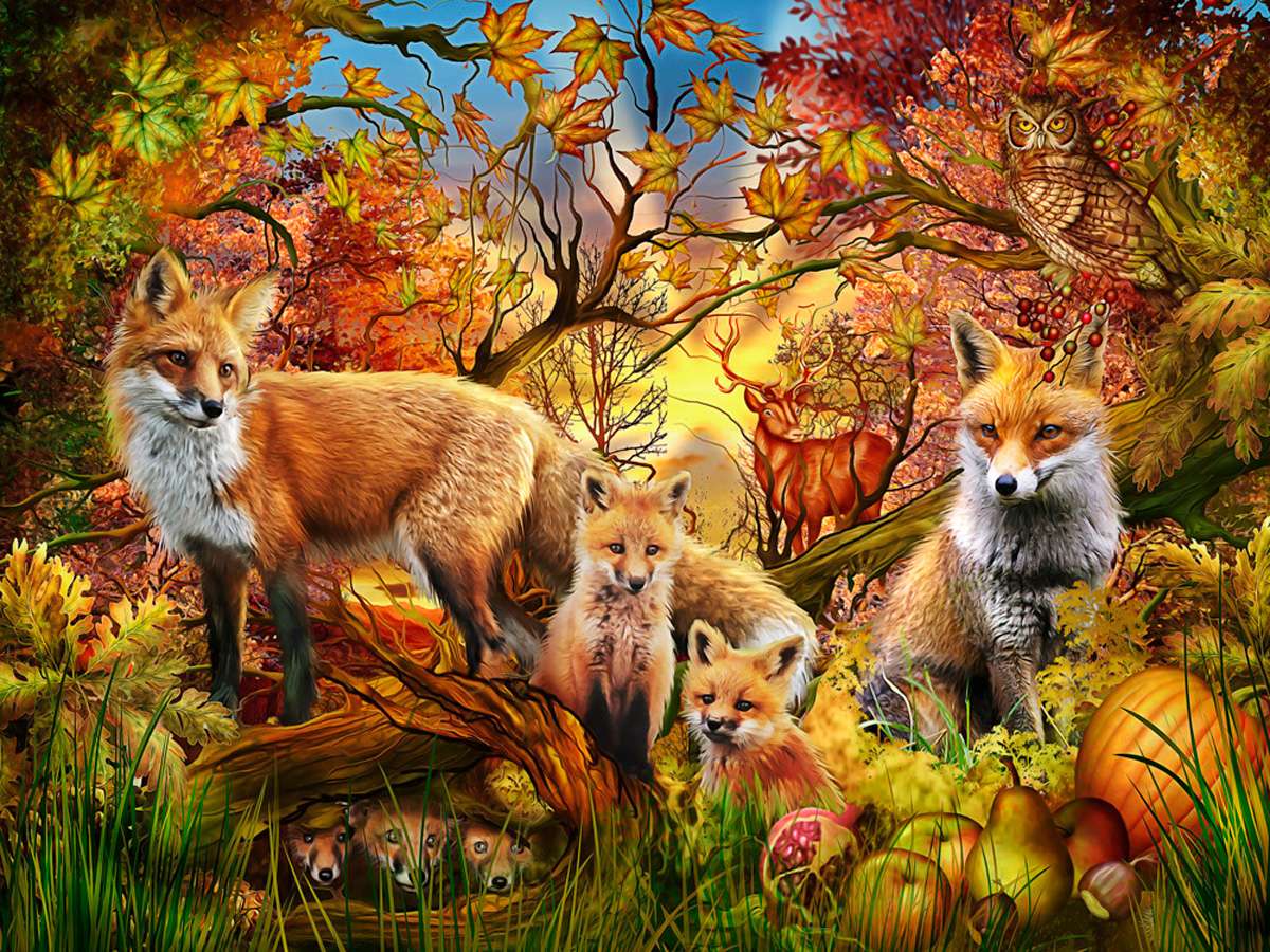 Есенно семейство лисици и други горски животни онлайн пъзел