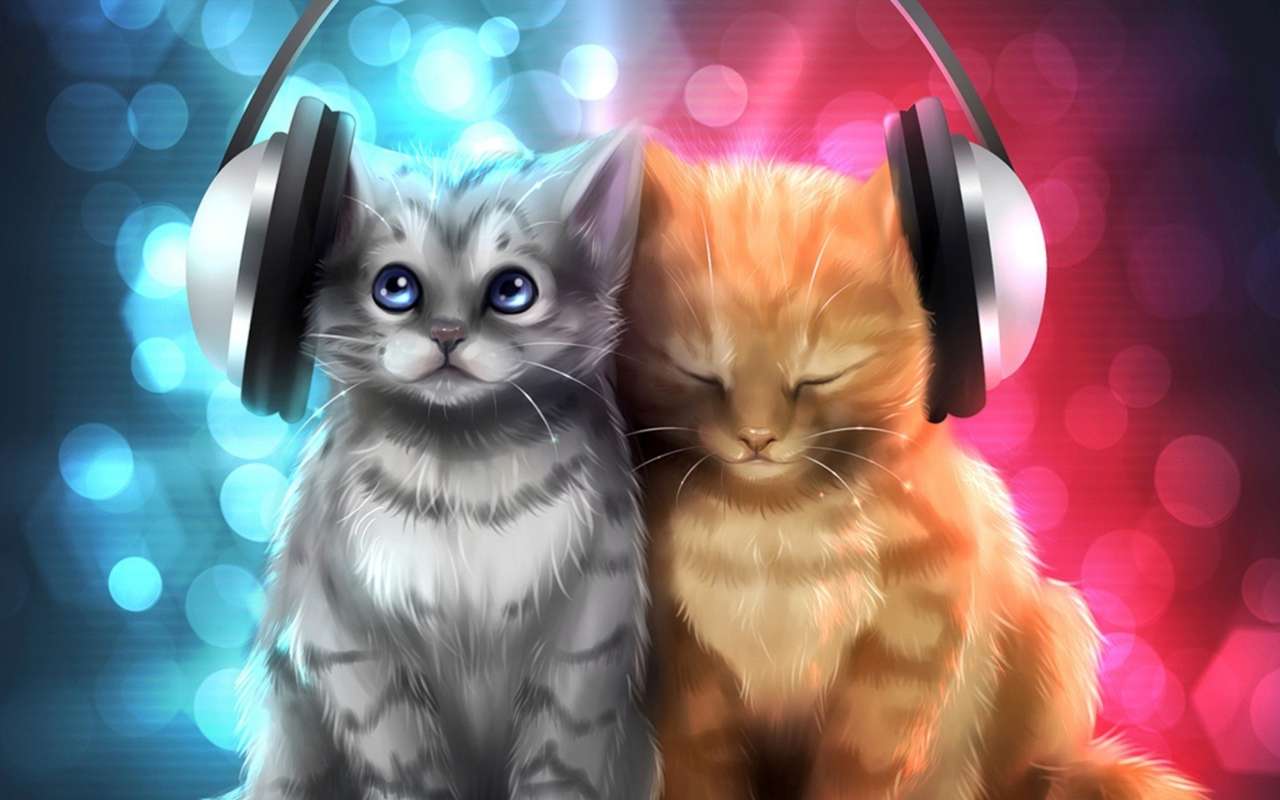 katter som lyssnar på musik Pussel online