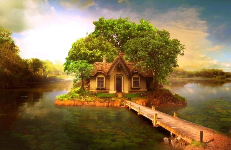 Небольшой остров, маленький дом, длинный мост, похожий на пирс онлайн-пазл