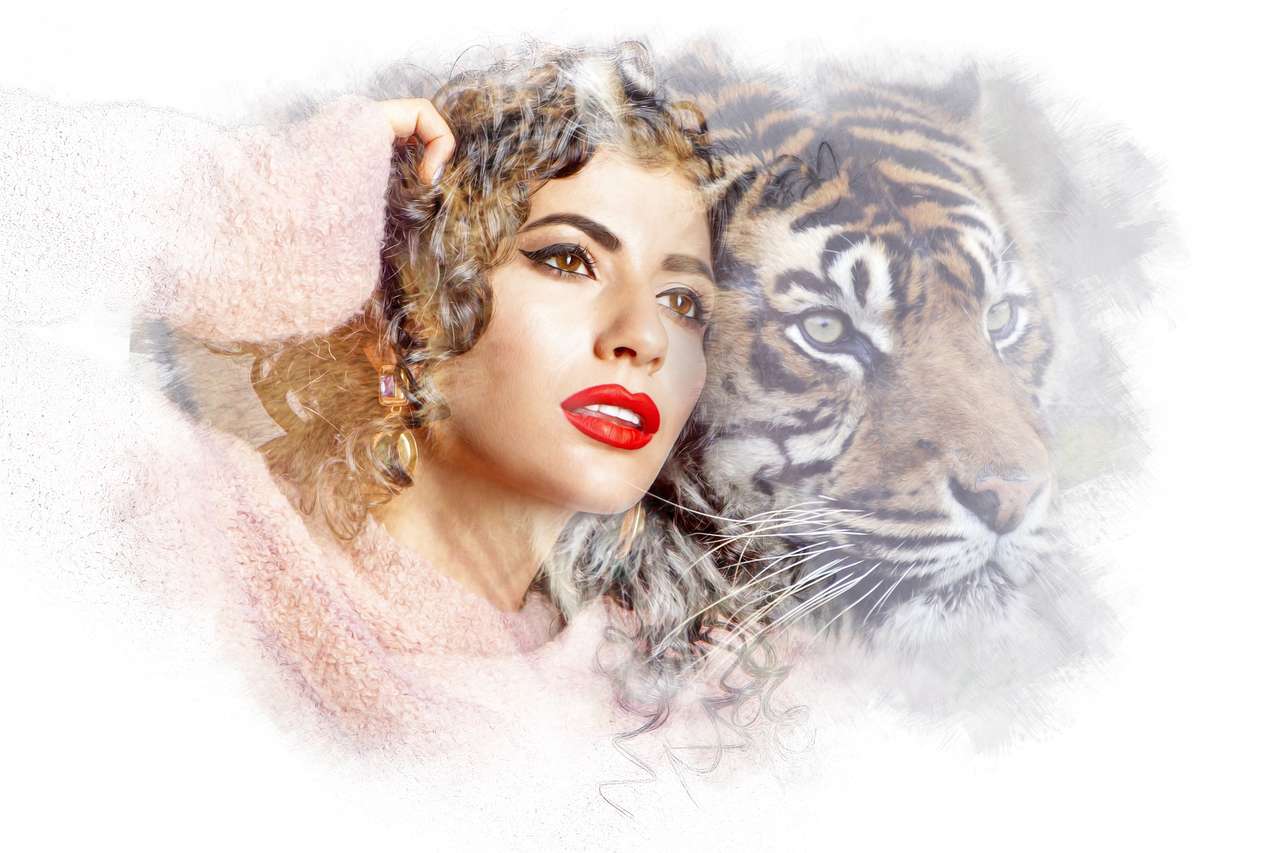 A woman with a tiger jigsaw puzzle online