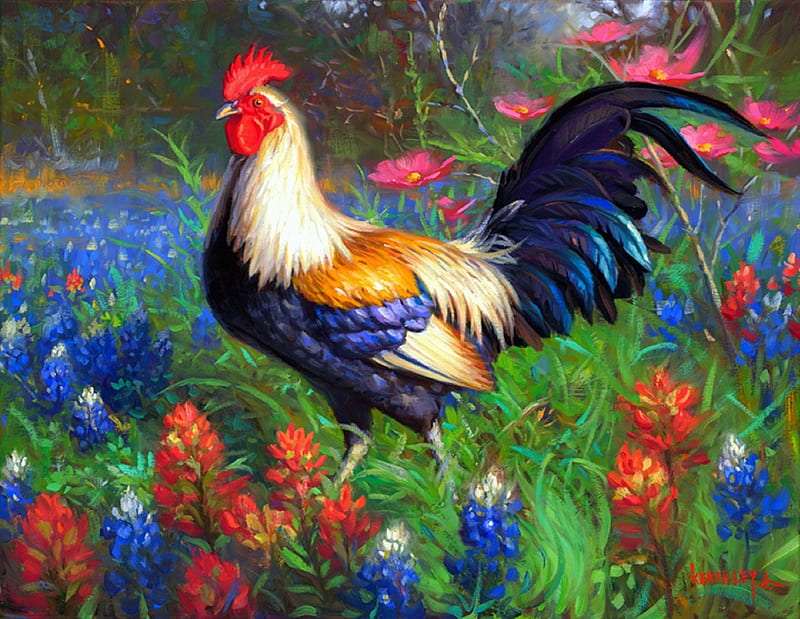 Bellissimi fiori di prato e un bellissimo gallo colorato puzzle online