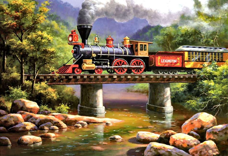 Un tren în mișcare, un puf de abur, o locomotivă de altădată jigsaw puzzle online
