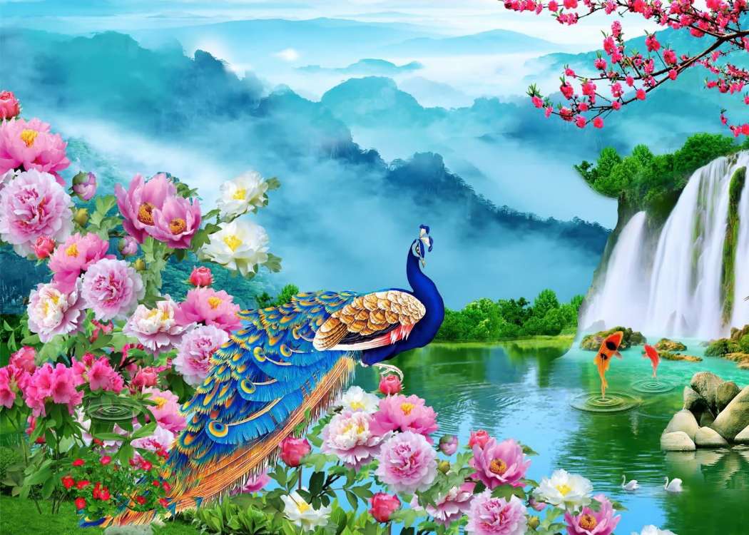 Bellissimi fiori primaverili nel giardino del paradiso dei pavoni puzzle online