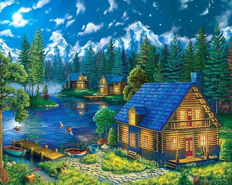 Dřevěné domy večer u řeky online puzzle