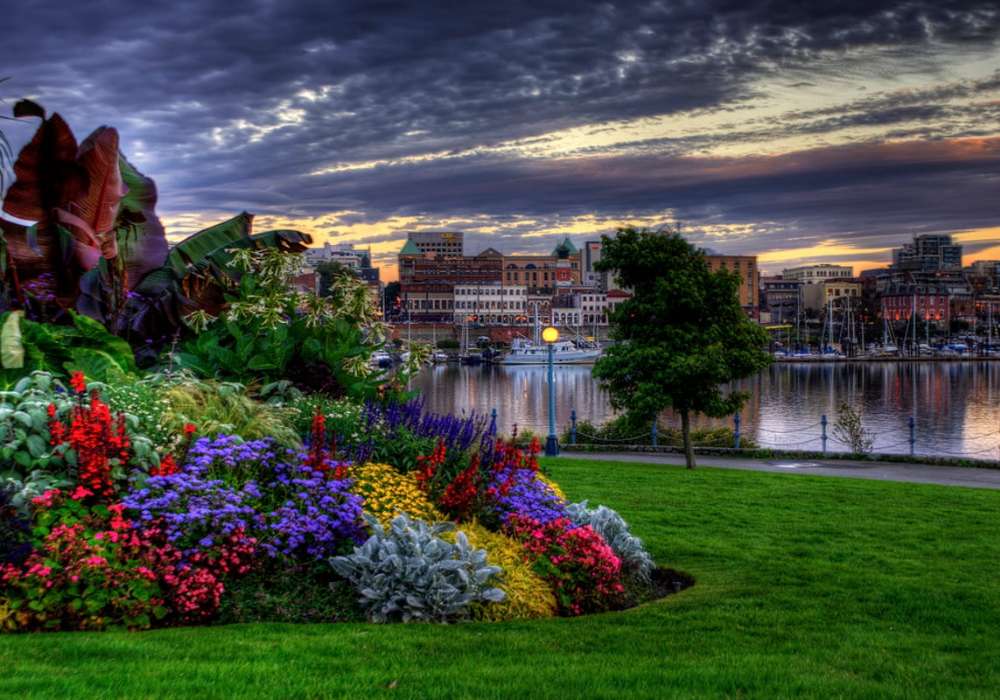 A városi virágágyás szépsége és a város látképe online puzzle