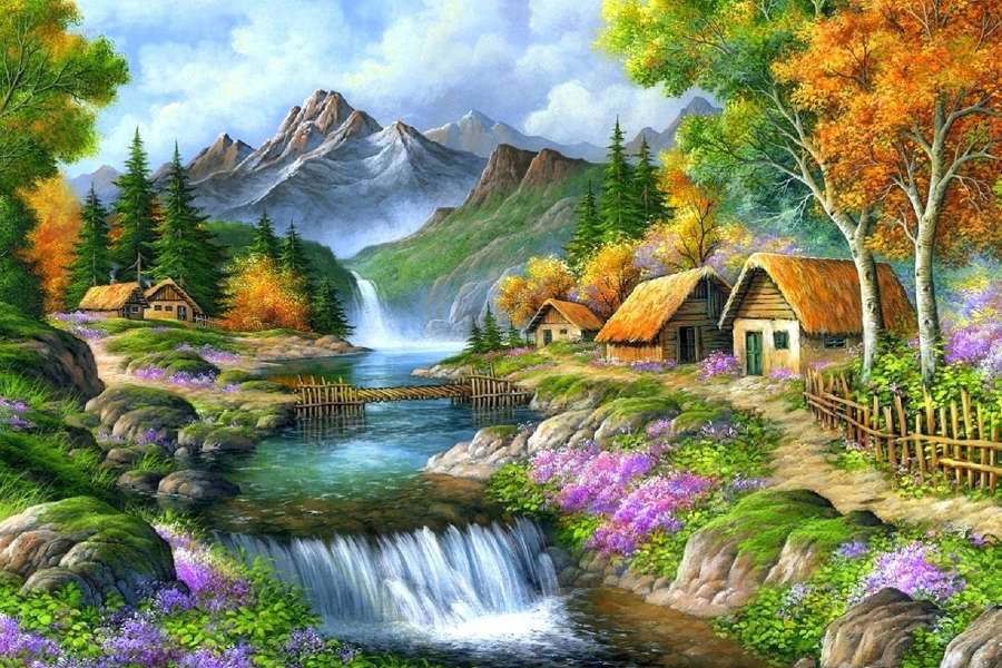 A tiny settlement in the mountains by the waterfalls jigsaw puzzle online
