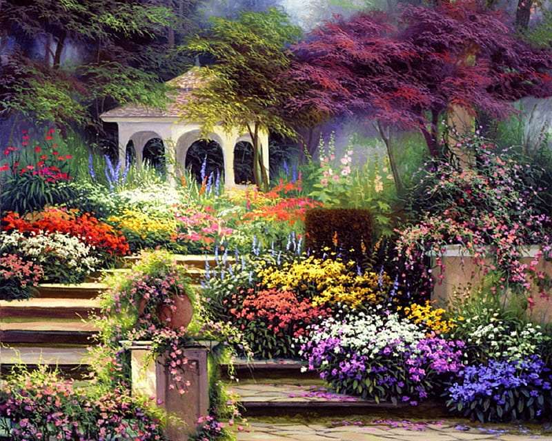 En sådan trädgård full av blommor, ett sådant lusthus är en dröm pussel på nätet