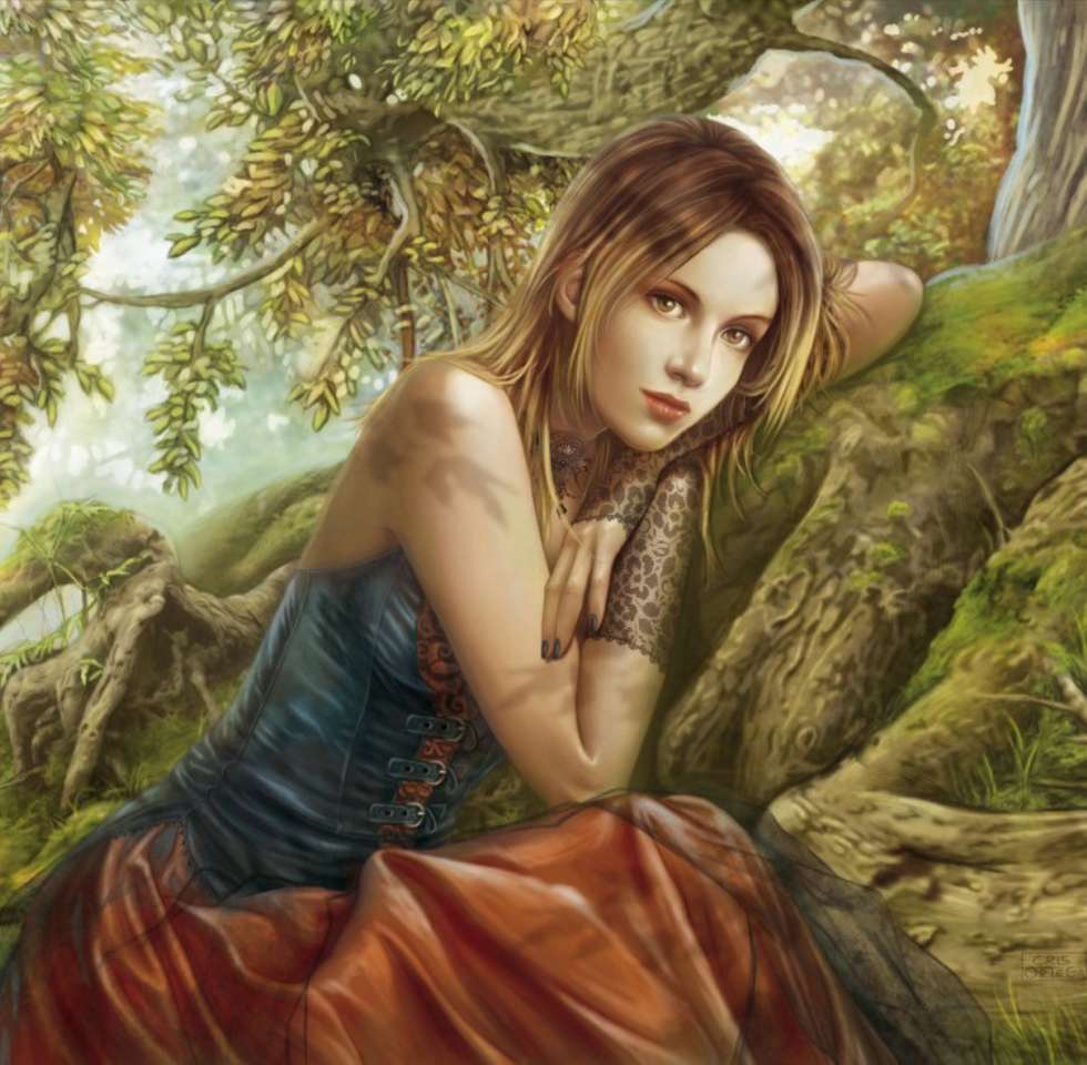 pensive young woman in the forest online puzzle