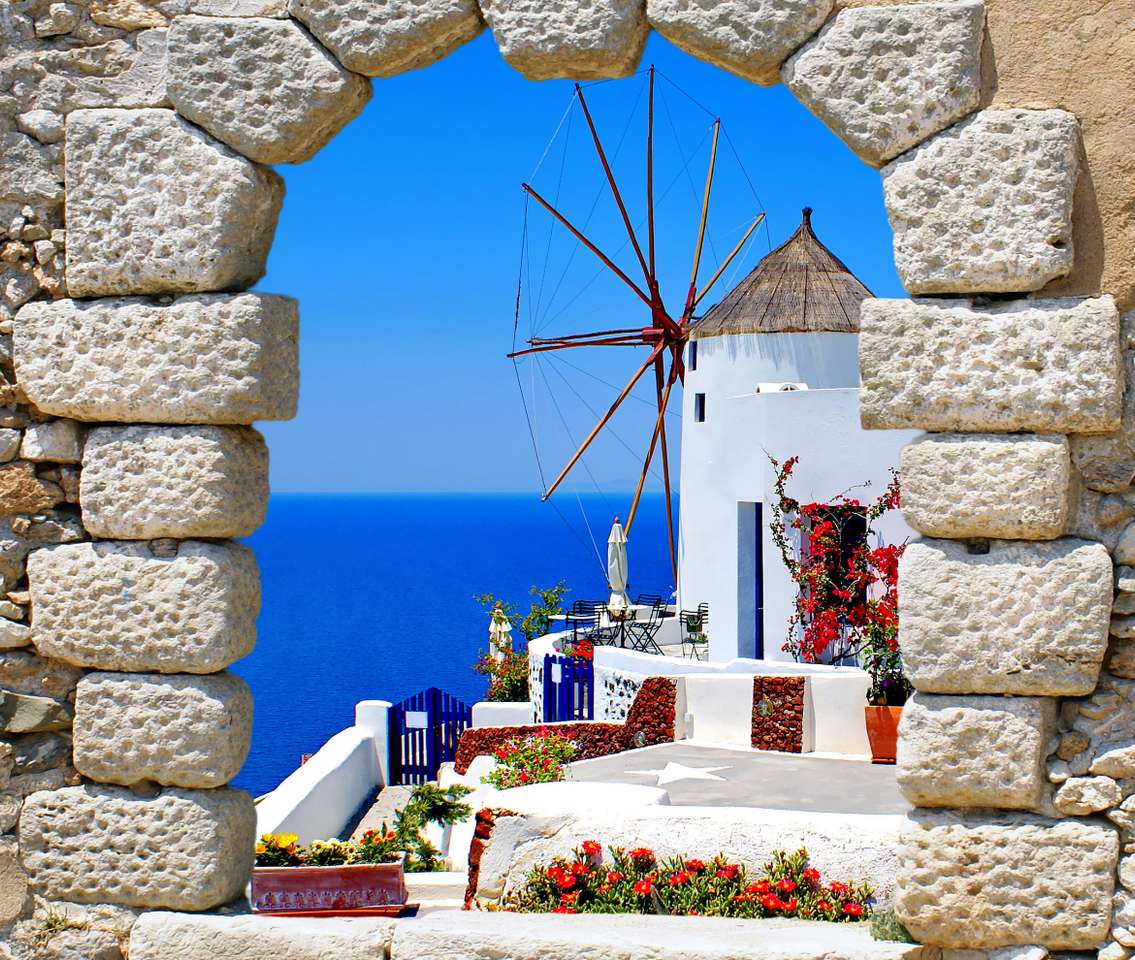 Moinho de vento grego em Santorini, que visão quebra-cabeças online