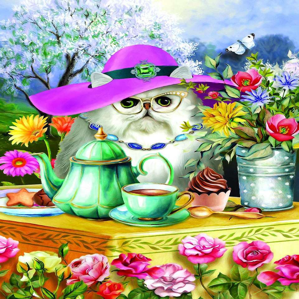 Senhora gato na festa do chá :) puzzle online