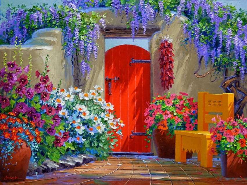 Цветната магия на отрупания с цветя двор онлайн пъзел