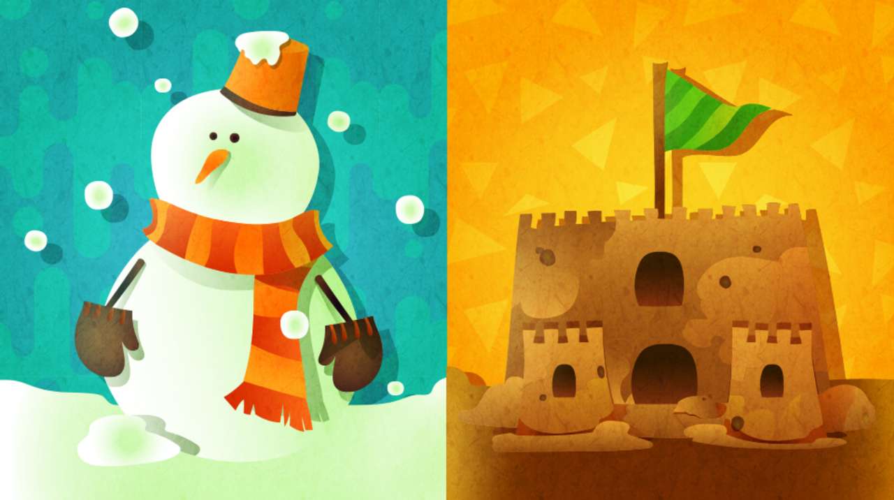 Omul de zăpadă vs. castel de nisip jigsaw puzzle online