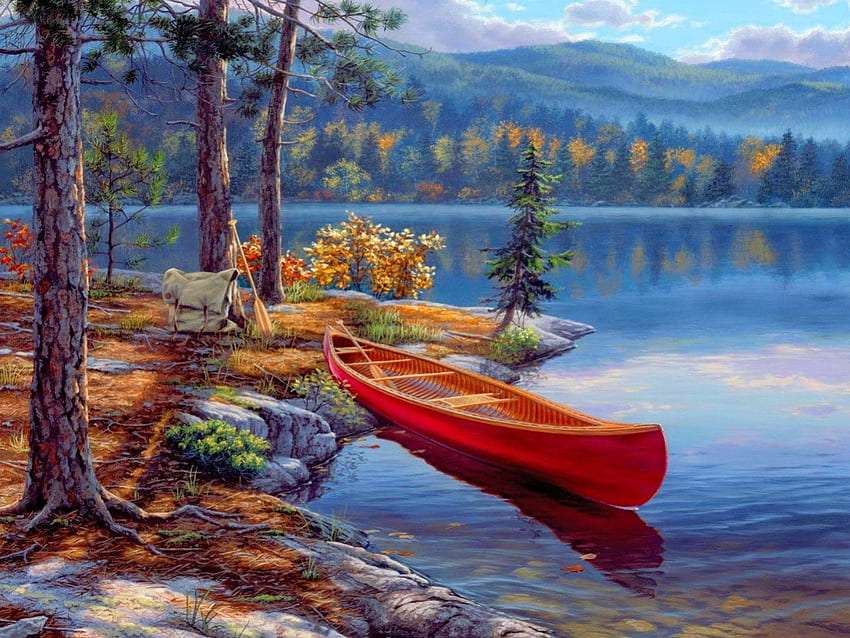 Lonely boat on a mountain river jigsaw puzzle online