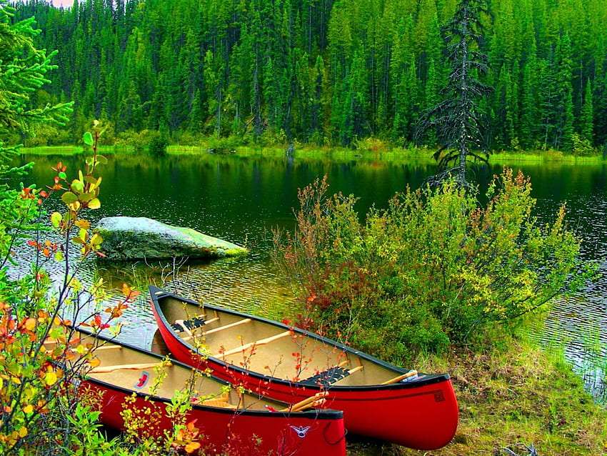 Barcos na margem de um belo lago puzzle online