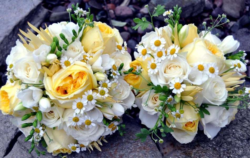 Bel concetto - bouquet da sposa, rose, sia, camomilla puzzle online