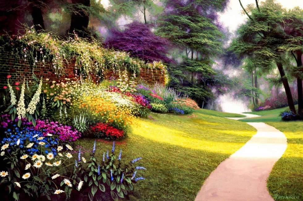 Mooie tuinsteeg op een zonnige dag legpuzzel online