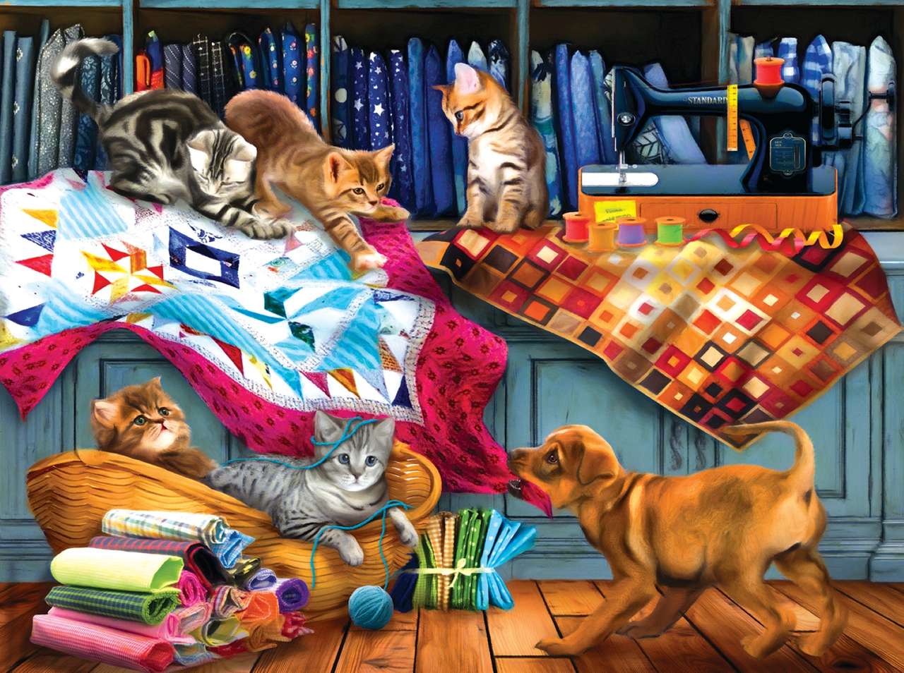 der Welpe und die Kätzchen haben Spaß in der Werkstatt Puzzlespiel online