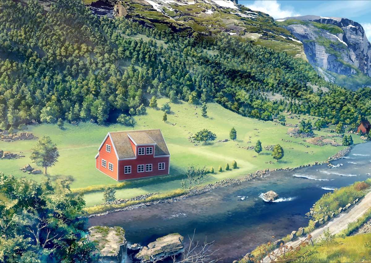 Eenzaam huisje in de vallei van de bergen bij de rivier legpuzzel online
