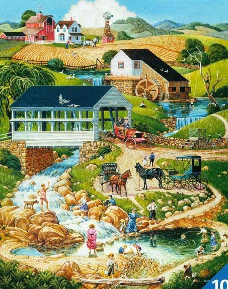 eine Wassermühle, eine Brücke und ein Schwimmbad Online-Puzzle