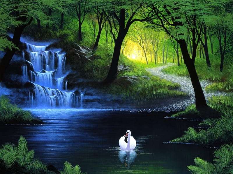 Одинокий белый лебедь над водопадом онлайн-пазл