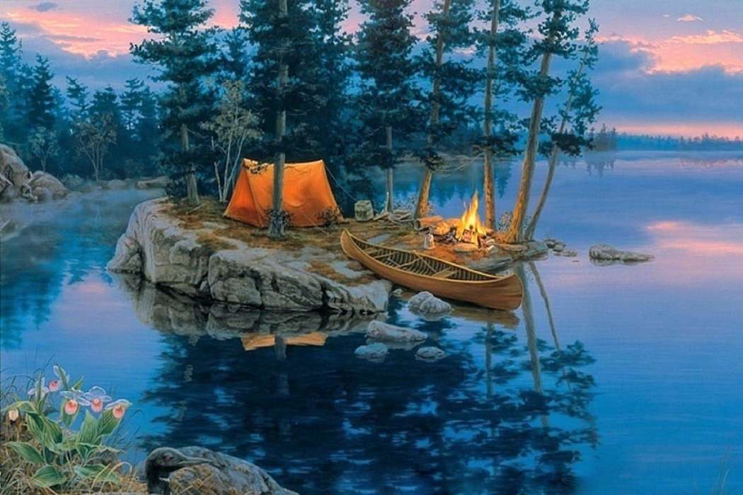 Une tente sur une petite île rocheuse, une vue charmante puzzle en ligne