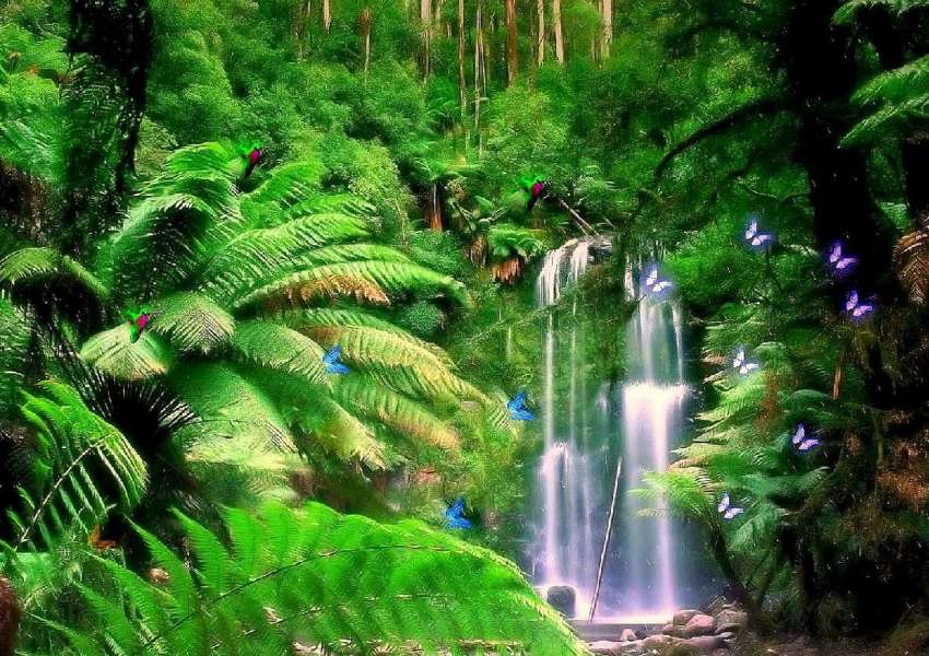 Cachoeira tropical verde, excelente vista quebra-cabeças online