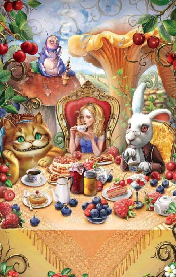 Alice äter med kaninen och katten Pussel online