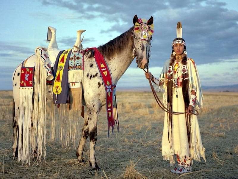 歴史 - ネイティブ インディアンのドレスと馬 ジグソーパズルオンライン