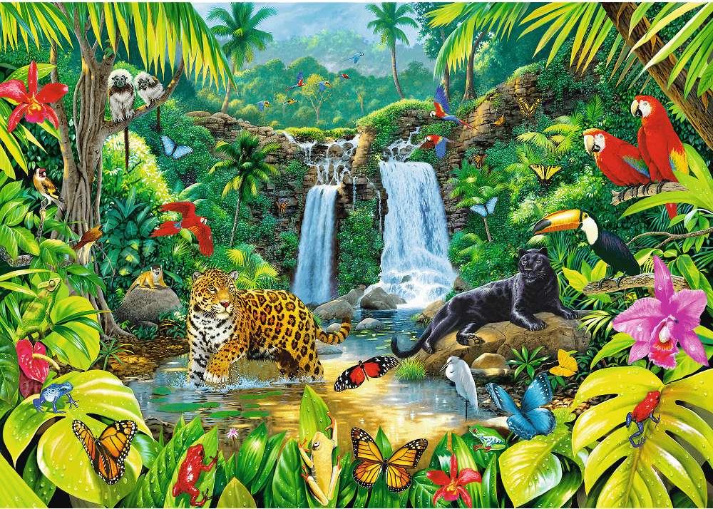 Tropisk skog med djur pussel på nätet