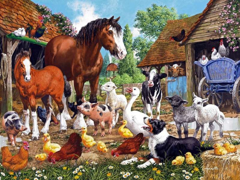 Ein Bauernhof voller Tiere, die auf dem Land leben Puzzlespiel online