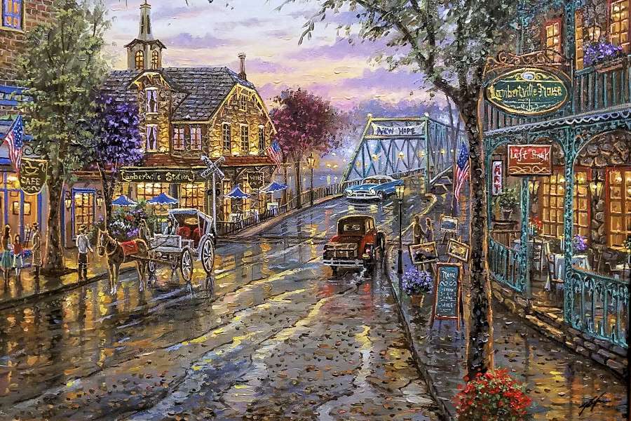 Strada principală dintr-un oraș mic într-o zi ploioasă jigsaw puzzle online