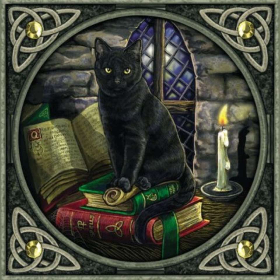 svart katt sitter på grimoires pussel på nätet