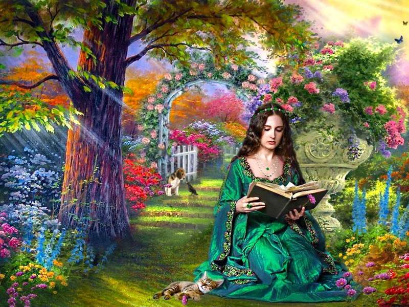 En flicka som läser i en vacker trädgård pussel på nätet