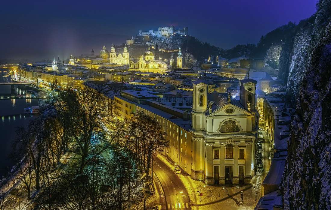 Hohensalzburg church and fortress at night jigsaw puzzle online