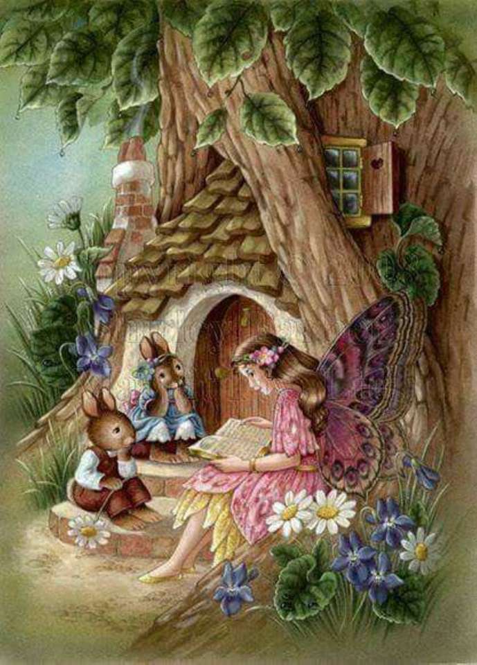 妖精は小さなウサギに物語を読み聞かせます オンラインパズル