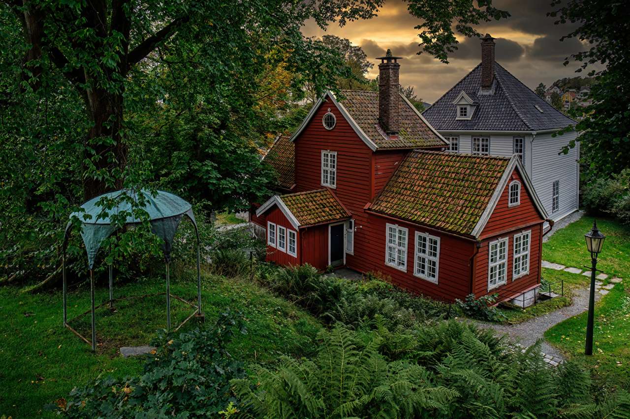 Norwegen - Häuser des alten Bergen - Baummuseum Online-Puzzle