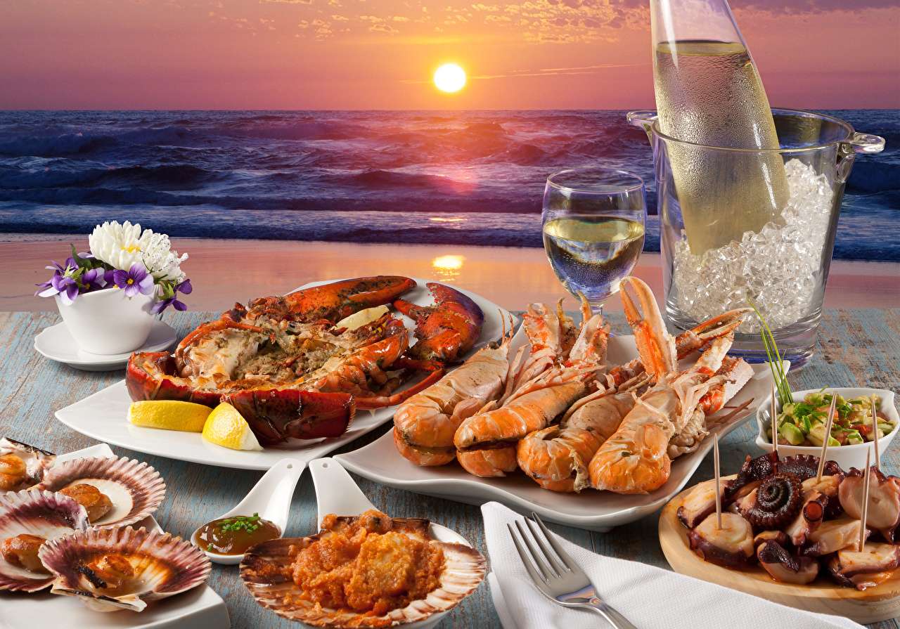 Ексклузивна вечеря - Вино от омари с морски дарове онлайн пъзел