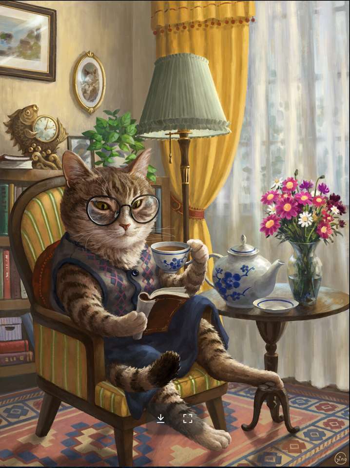 Кот пьет чай, читая книгу онлайн-пазл