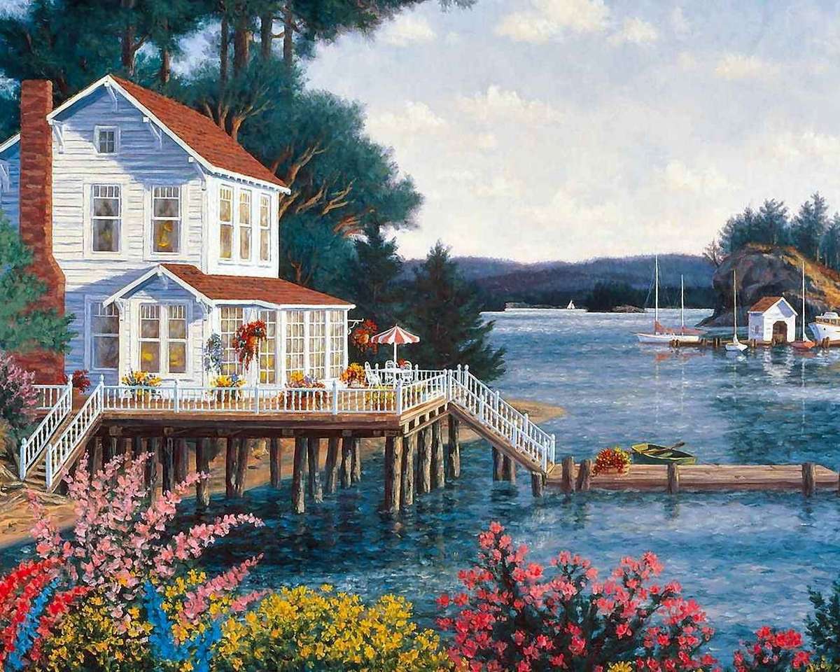 Una casa de madera con un porche y una madeja junto al agua. rompecabezas en línea