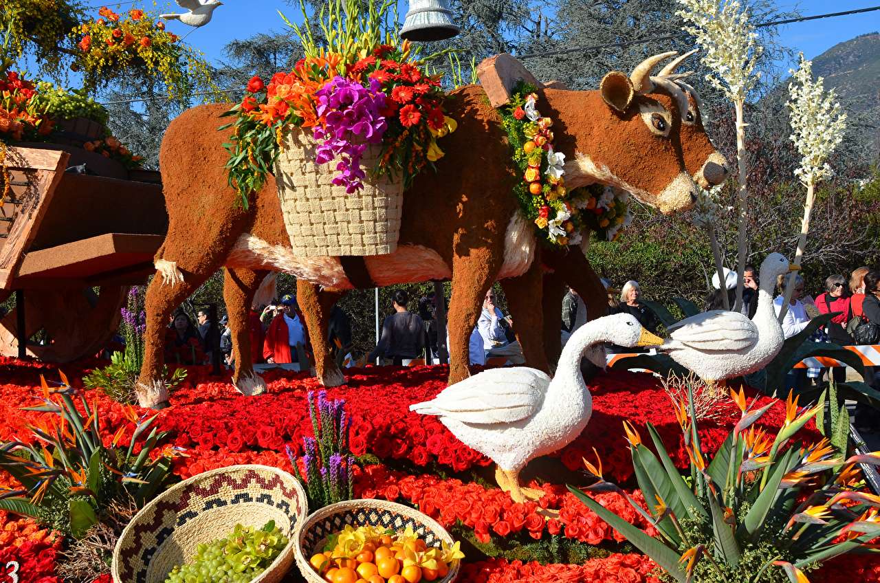 Kalifornie Pasadena - přehlídka květin a zvířat vesnice skládačky online