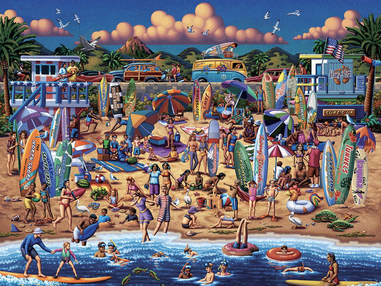 Surfing fans, but crowded on the beach and ocean :) online puzzle