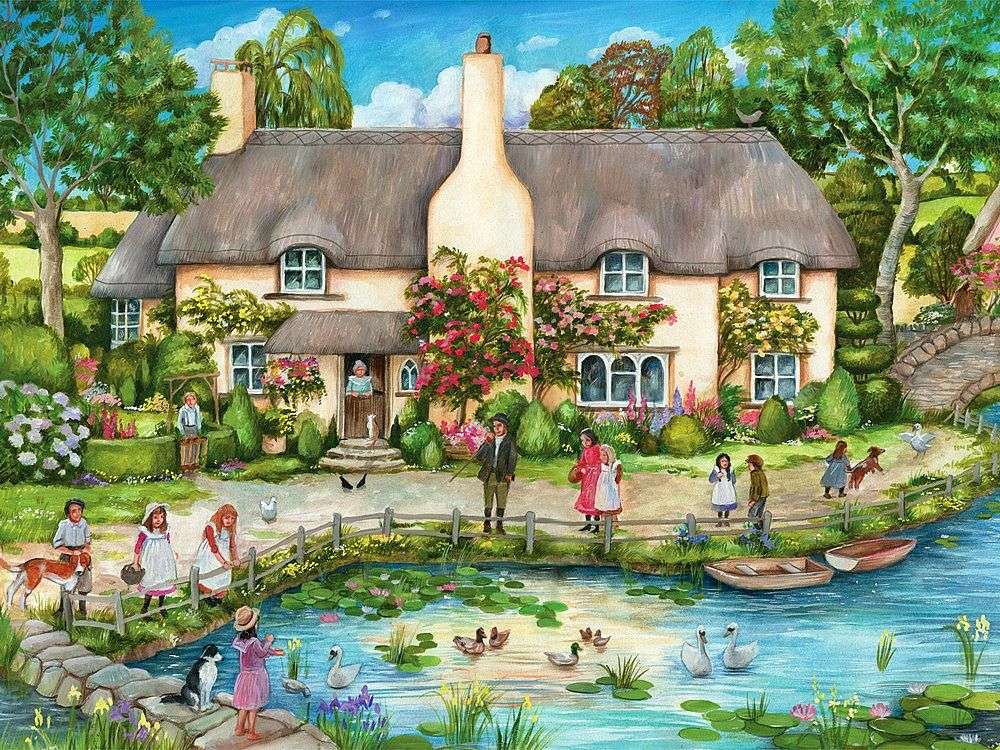 Английска селска къща до прекрасно езерце онлайн пъзел
