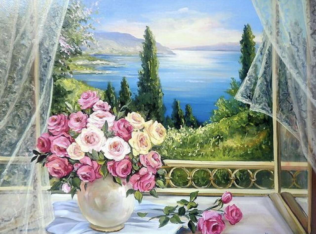 Un beau bouquet et une belle vue par la fenêtre puzzle en ligne