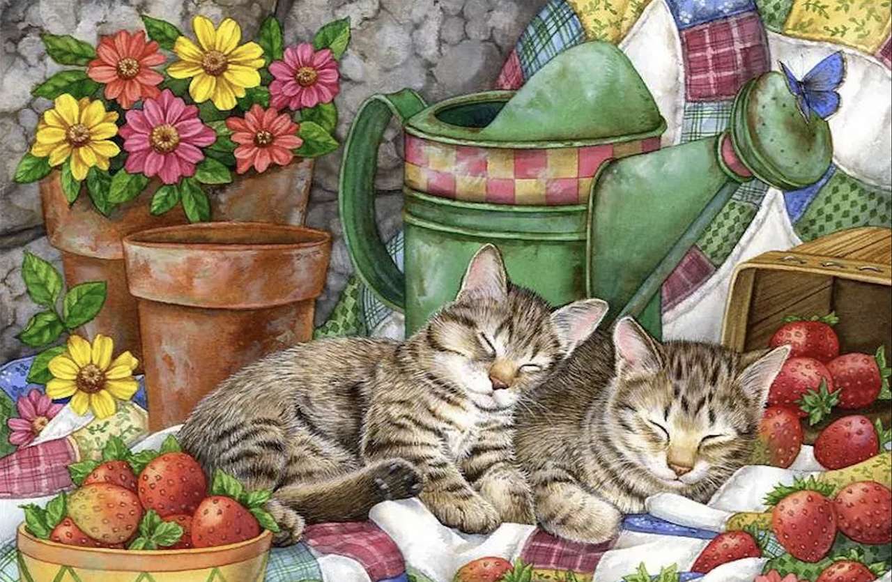 Två söta kattungar och jordgubbar i trädgården Pussel online