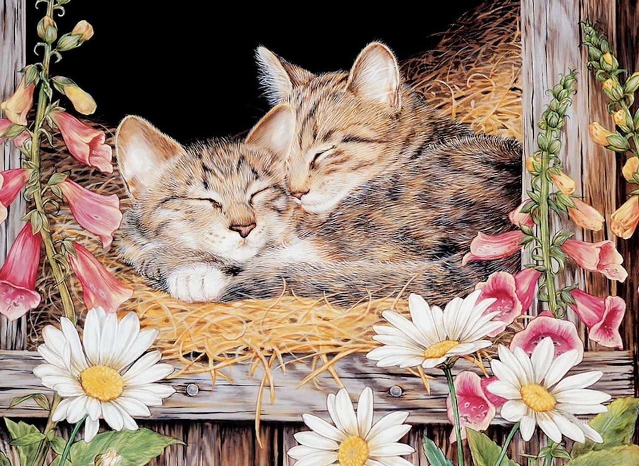 In the barn, on the straw, two sleepy cats jigsaw puzzle online