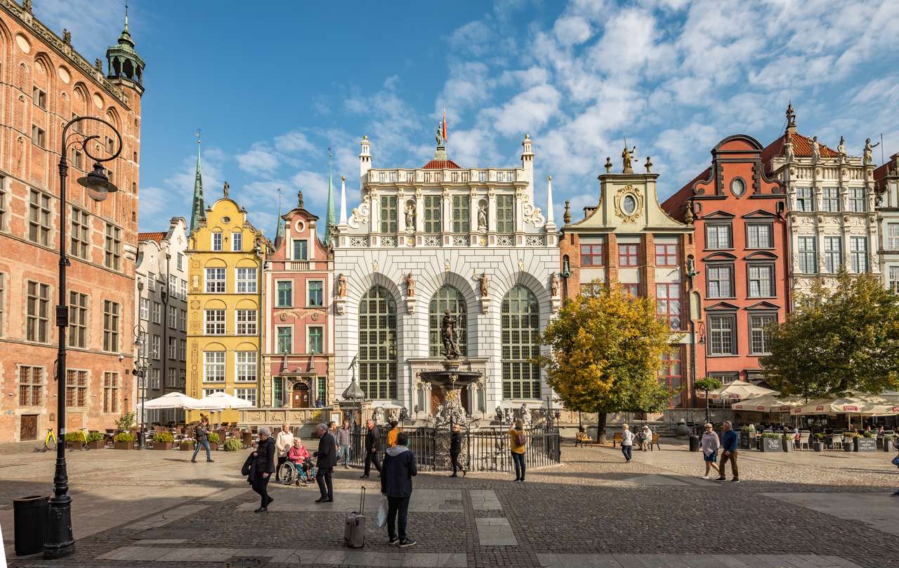 Fontaine de Gdańsk-Neptune et belles maisons d'habitation puzzle en ligne